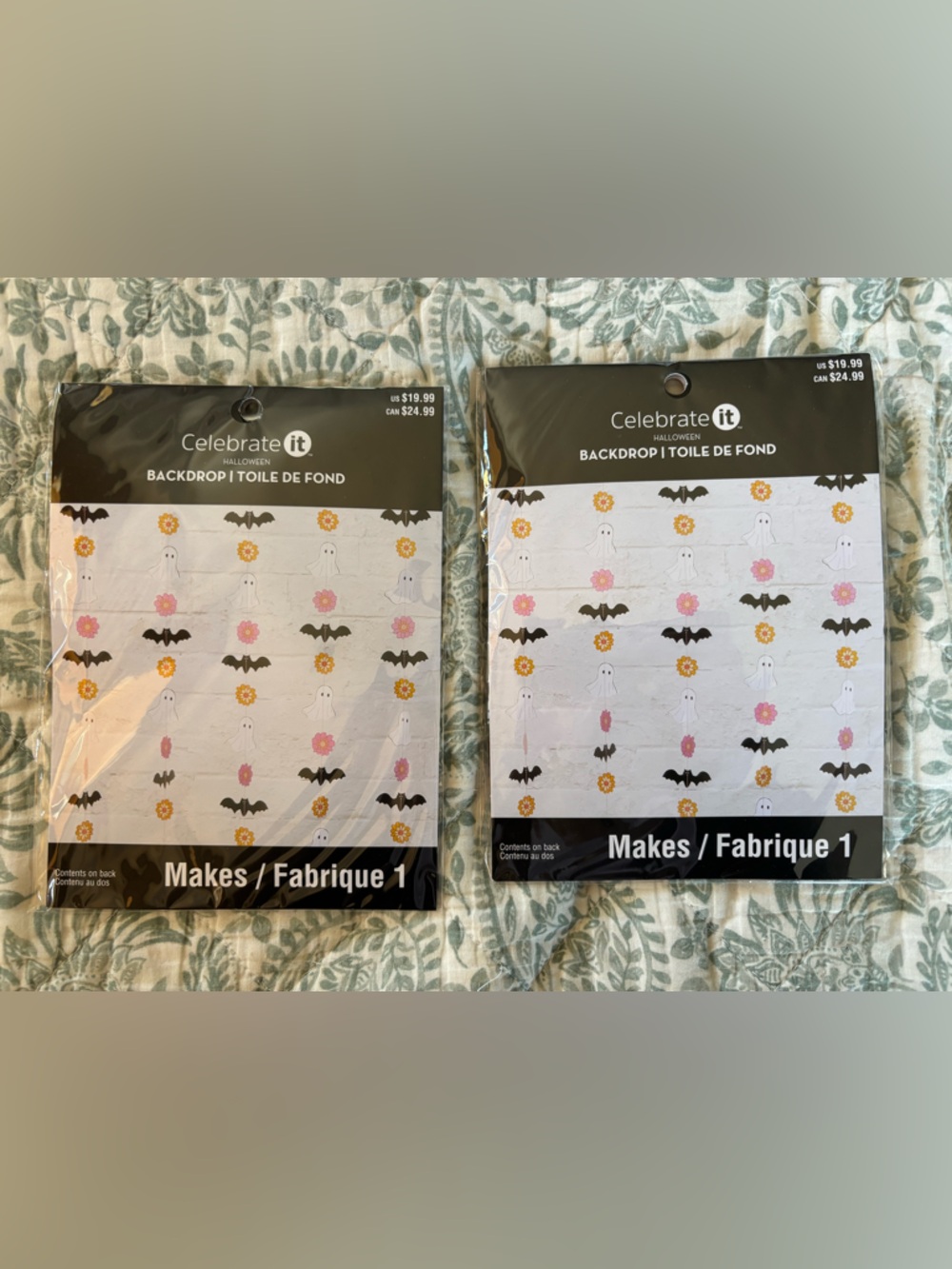 Celebrate It Halloween Backdrop with Black Bats and Pink & Yellow Flowers